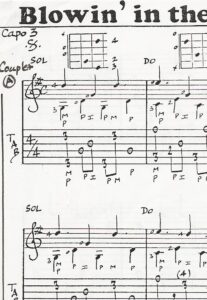Handwritten tab with music notation blowin' in the wind